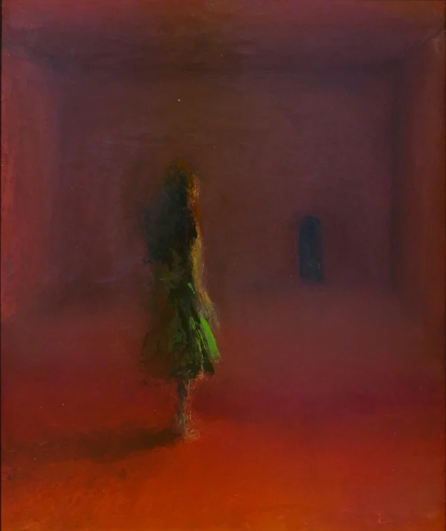 Figure in Red Room, an oil painting by Harriet Hildick-Smith